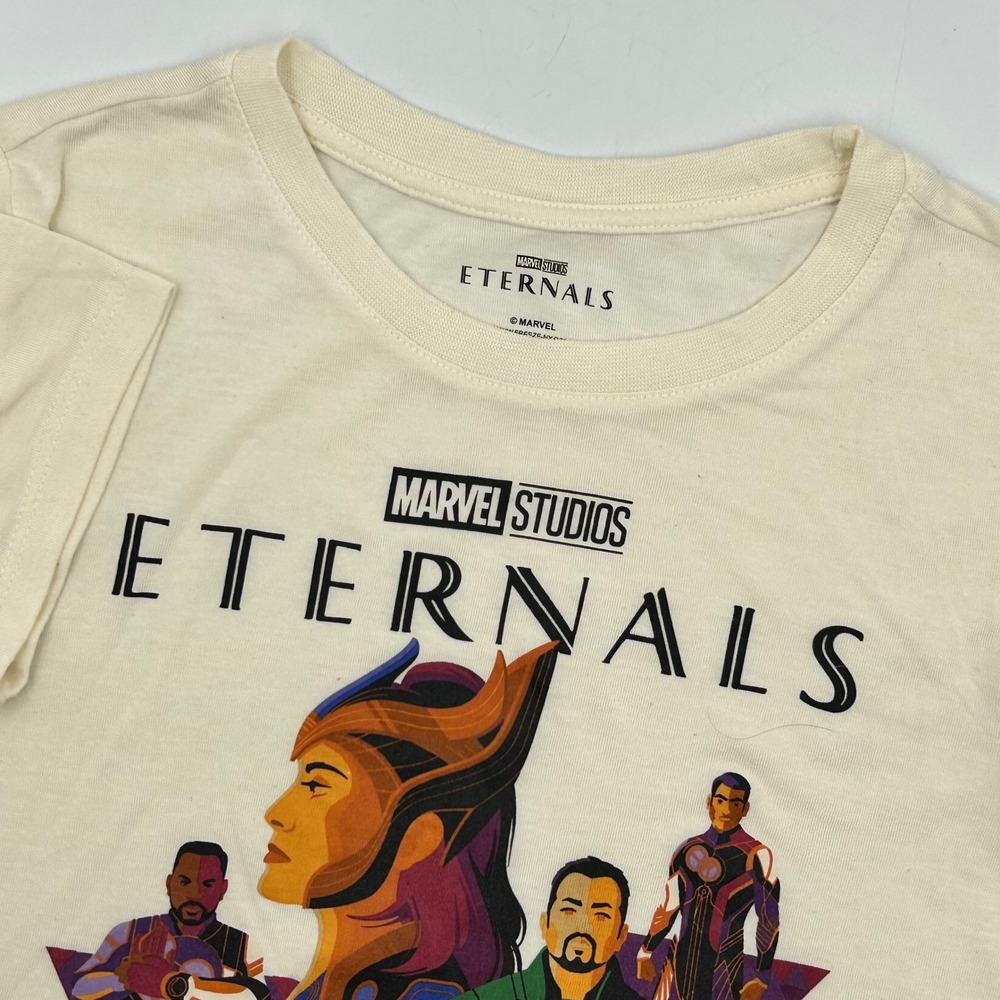 Marvel Studios Eternals Graphic T-Shirt Ivory Girls Size M 7-9 MCU EUC